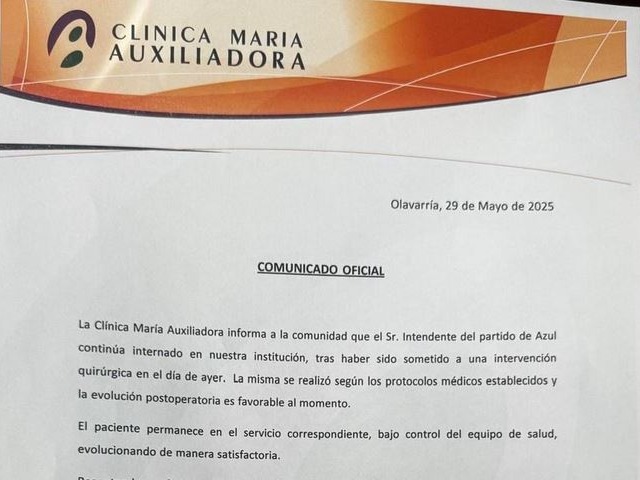 El intendente de Azul fue operado y evoluciona favorablemente